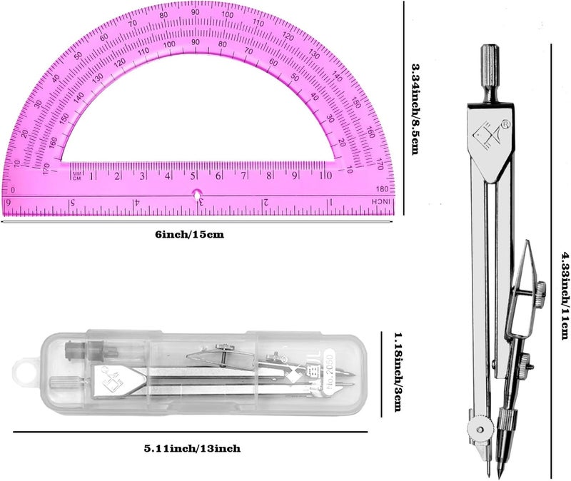 Tdfronien Students Geometry Math Set, Drawing Compass and 6 Inch Transparent Swing arm Protractor 180 Degree Math Protractor (Pink) - Image 2
